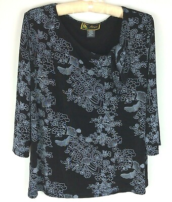 #ad Womens Top Size Large Black White Floral Accent Medium Knit Easy Travel Mirasol