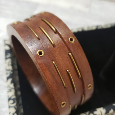Wood Bangle Bracelet Brown Brass Copper Accents Boho Hippie Wide Chunky Bangle