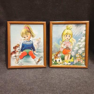 #ad #ad Vintage Framed Cartoon Art Wall Art Pair Hanging Kids Spring Winter Child