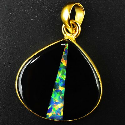#ad 38.55 Ct Natural Black Fire Opal Doublet Solid 925 Sterling Silver Charm Pendant