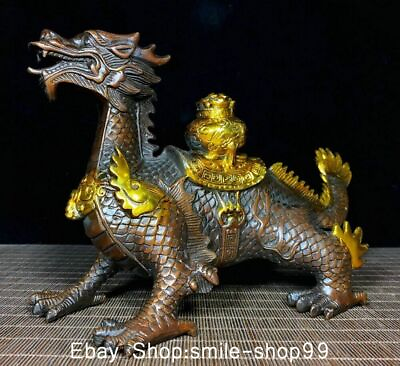 #ad 11quot; Old Chinese Bronze Gilt Feng Shui Dragon Turtle Wealth Lucky Statue