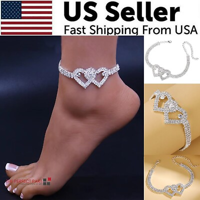 #ad Double Heart Anklet Bracelet Love Barefoot Chain Bling Crystal Ankle Bracelet US