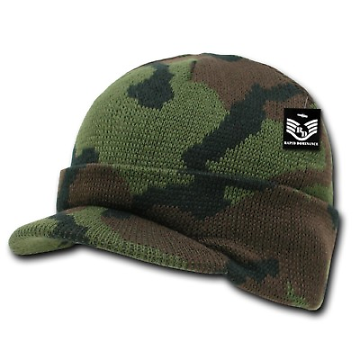 #ad Green Camo Visor Beanie Jeep GI Knit Camouflage Military Warm Winter Cap Hat