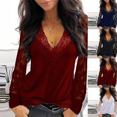 #ad Women#x27;s Lace V Neck T Shirt Baggy Loose Casual Blouse Long Sleeve Tops Pullover