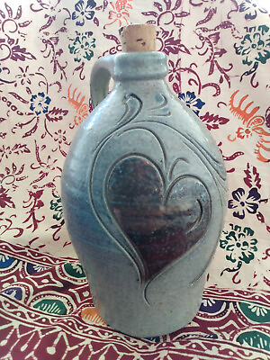 Vintage Art Pottery Stoneware Corked Jug Blue with Heart Artist Signed *Sale*