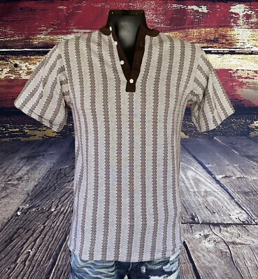 #ad VTG 60s Henley Shirt Mens M deadstock SINGLE STITCH Geometric Mod kurt cobain