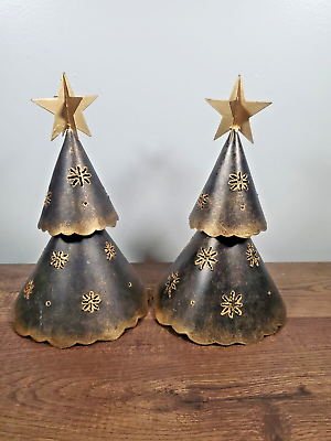 #ad #ad Pier 1 Brown Candle Luminary Cut out Trees Gold Star Set Of 2 *Discontinued