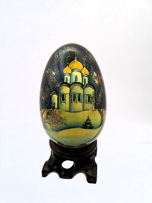#ad Vintage BLACK Russian Hand Painted Lacquer Wood Egg Winter Snow Scene w Stand