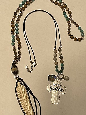#ad Lot Of 2 Boutique Turquoise Tan Beaded Necklaces “Amazing Grace” Feather Charm