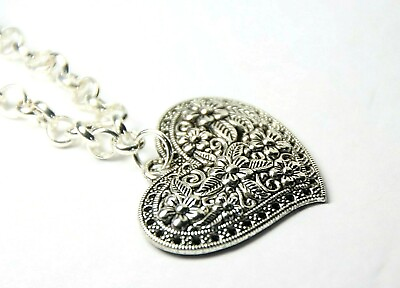 #ad Heart Flower Charm Floral Pewter Pendant Stainless Steel 18quot; Chain Necklace