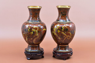 Vintage Chinese pair brown cloisonne dragon vases on wooden stands