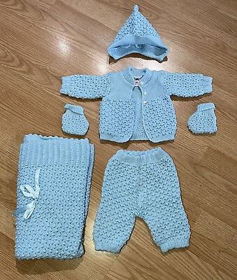 #ad Yazmin Knit Baby Blue Baby Coming Home Outfit Cardigan Pants Hat Booties Blanket