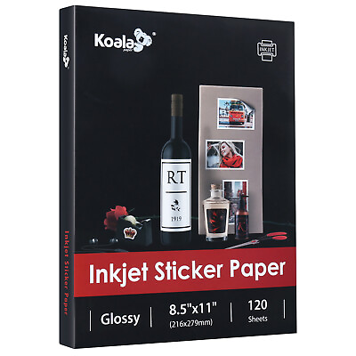 Koala Printable Glossy Sticker Label Paper 120 Sheets 8.5x11 Full Sheet Inkjet