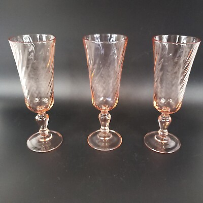 #ad 3 VTG 6½” Arcoroc Rosaline Pink Swirl Champagne Flutes Luminarc France Glass