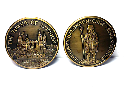2 TOWER OF LONDON SOLID BRASS PLAQUES MINTED BY ENGLISH CRAFTSMEN 3quot;