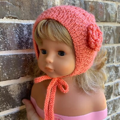 #ad #ad Baby Girl Knit Handmade Hat Bonnet Orange Size 3 4 Months