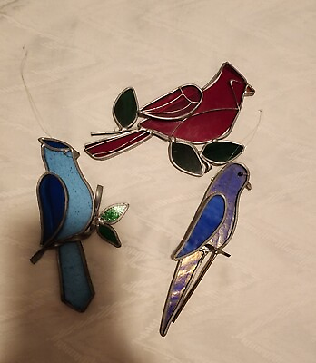 #ad Lot Of Three Stained Glass Birds Sun Catchers Cardinal Bluejay Parakeet
