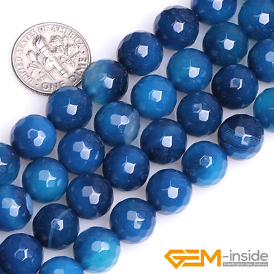 #ad Natural Dark Blue Agate Gemstone Faceted Round Loose Spacer Beads Strand 15quot; YB
