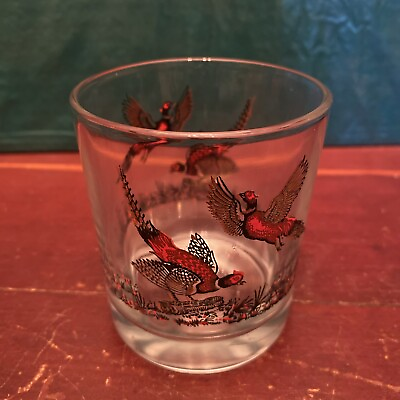 #ad MCM Vintage Pheasants Red And Gold Low Ball Glass 3 1 2” On the Rocks Barware