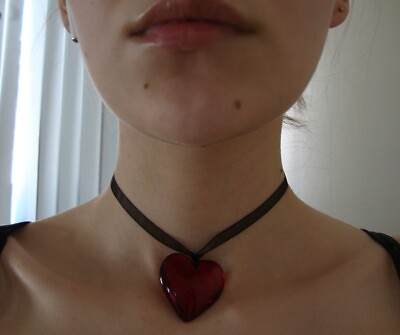 big large glass red heart charm on a ribbon necklace