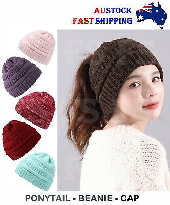 #ad WOMEN PONYTAIL BEANIE HAT SOFT WARM KNITTED MESSY CAP WINTER STRETCHY SKULL CAP