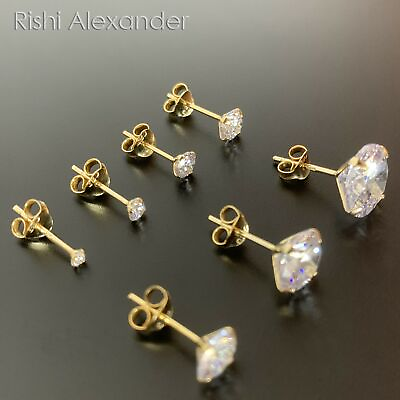 925 Sterling Silver Gold Plated Round Cubic Zirconia Clear CZ Stud Earrings