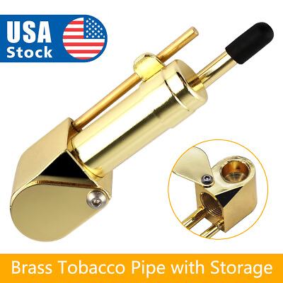 Brass Tobacco Smoking Proto Pipe style w Stash Storage Cylinder Chamber 1P Gold.