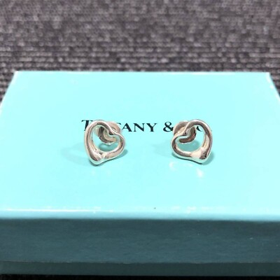 #ad Tiffany amp; Co. Elsa Peretti Open Heart Stud Earrings Sterling Silver Used