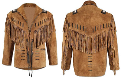 #ad Mens Traditional Cowboy Western Leather Jacket with Fringe Native American Style