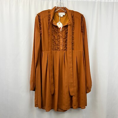 #ad Loveriche Womens Rust Ruffle Long Sleeve Collared Short Mini Dress Size Large