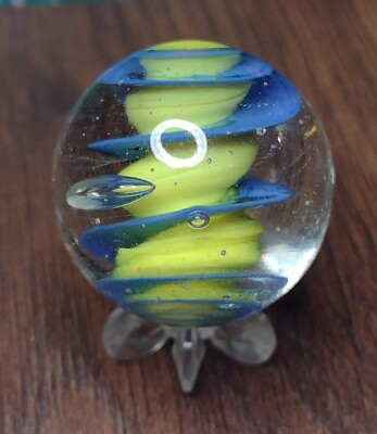 .98quot; Blue amp; Yellow Spiral Swirl Contemporary Art Glass Modern Handmade Marbles