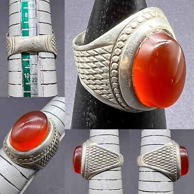 #ad Rare Unique Old Vintage Central Asian Jewelries Natural Agate Stone Sliver Ring