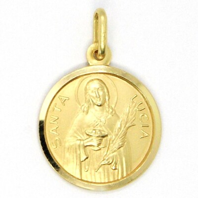 #ad 18K YELLOW GOLD HOLY ST SAINT SANTA LUCIA LUCY ROUND MEDAL MADE IN ITALY 17 MM