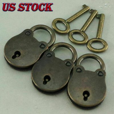 #ad 3 Set of Antique Style Padlock Lock amp; Keys Old Vintage Metal With Bronze Finish