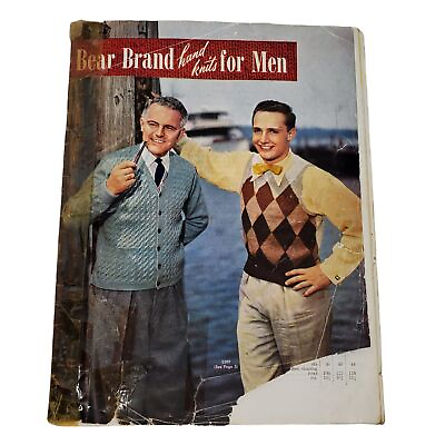 #ad Bear Brand Hand Knit for Men Patterns Sweaters Cardigans Vests Argyle Cable 1952