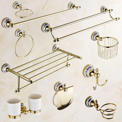 #ad Gold Color Brass Ceramic Bathroom Accessories Set Bath Hardware Towel Bar mzh108