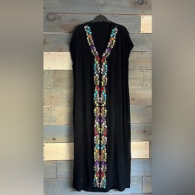 #ad EUC Tropical Floral Embroidered Maxi Kaftan Cover Up Dress Black M