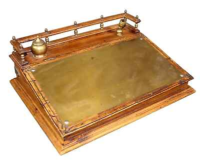 #ad Antique Desk Slant Front Lift Top Portable Desk Brass Writing Inkwell 1800#x27;s