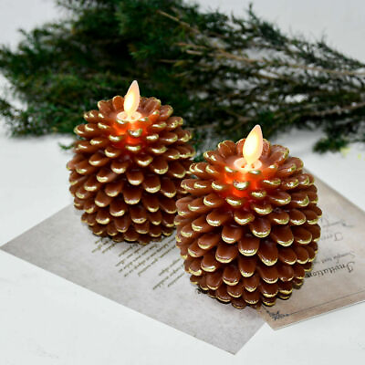 Luminara Flameless Pine Cone Figural Unscented Wax Candles Moving Wick Remote