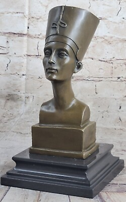 #ad Vtg Queen Nefertiti Solid Bronze Bust Sculpture Hieroglyphs Egyptian Revival 10quot;