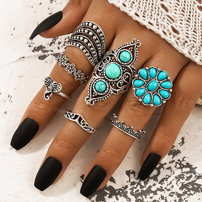 #ad Set of 7 Turquoise Elephant Geometry Graphic Silver Ring Set
