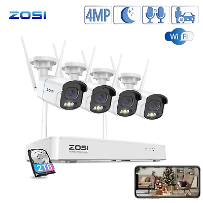 #ad ZOSI 4MP 8CH Wireless CCTV System Color Night Vision 2 Way Audio 24 7 2TB HDD