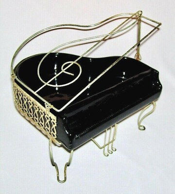 #ad Vintage Ceramic Black GRAND PIANO Planter w Metal Base amp; Hinged quot;𝄞quot; Lid