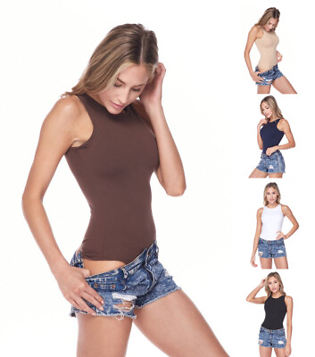 #ad Women#x27;s Basic Crew Neck Bodysuit Sleeveless Solids Stretchy Seamless Tank Top