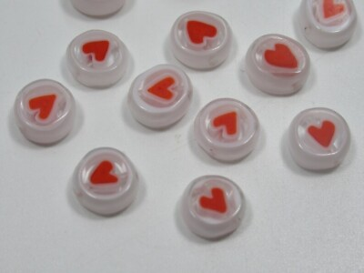 #ad Glass Heart Beads White w Red Heart Italian Millefiori Glass 10mm Round Qty 6