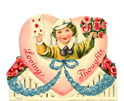 #ad Vtg Valentine Card German Die Cut Victorian Boy Bouquet Rose Loving Thought 1928