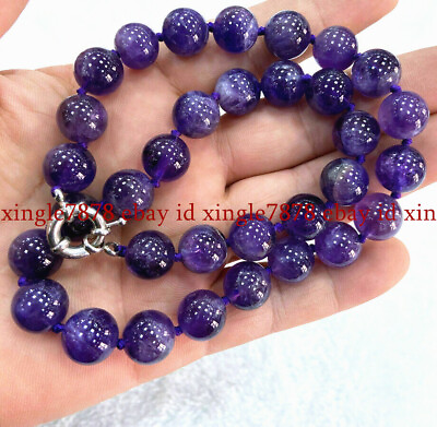 #ad Genuine 10mm Natural Purple Amethyst Gemstone Round Bead Necklace 20quot; AAA