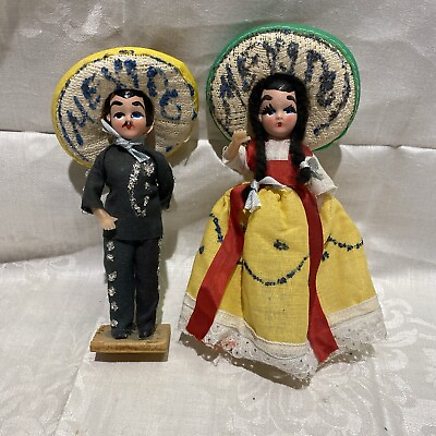 #ad Vintage 1960s Mexican Souvenir Folk Art Dolls Man amp; Woman Sombrero Handmade