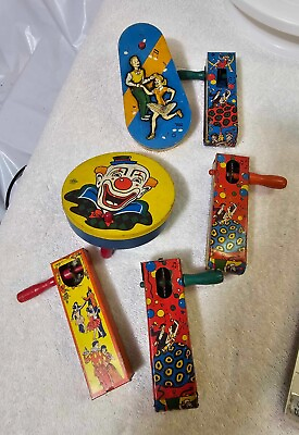 #ad #ad 6 Vtg Childs toy Noisemaker Tin Rattle