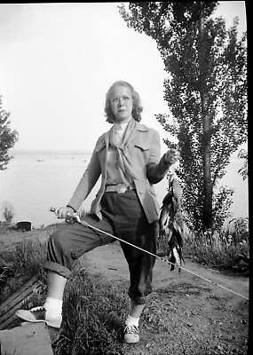 #ad Vintage Negative Black amp; White Young Woman Fish Fishing Pole 2.25 x 3.25